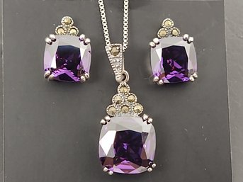 VINTAGE STERLING SILVER PURPLE CZ & MARCASITE NECKLACE & EARRINGS SET