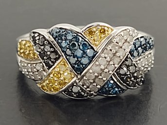 STUNNING STERLING SILVER MULTI COLORED PAVE DIAMOND RING