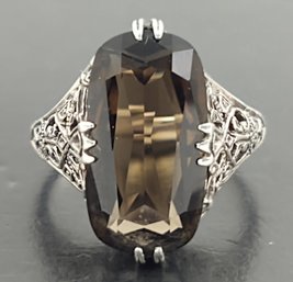 BEAUTIFUL ART DECO STYLE STERLING SILVER FILIGREE SMOKY QUARTZ RING