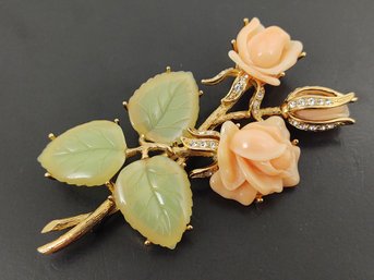 DESIGNER NOLAN MILLER FAUX JADE & CORAL LARGE ROSE FLOWER BROOCH