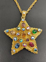 VINTAGE DESIGNER ART GOLD TONE RHINESTONE STAR NECKLACE