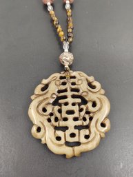 VINTAGE CHINESE TIGERS EYE & CARVED HARDSTONE PENDANT NECKLACE