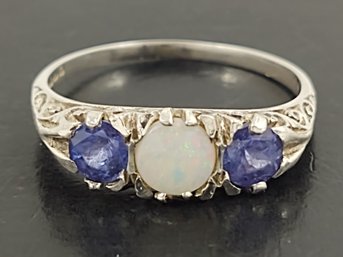 STUNNING STERLING SILVER FILIGREE OPAL & AMETHYST RING W/ ENGLISH HALLMARKS