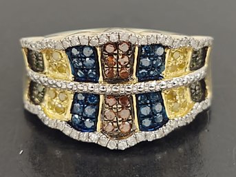 STUNNING GOLD OVER STERLING SILVER MULTI COLORED PAVE DIAMOND RING