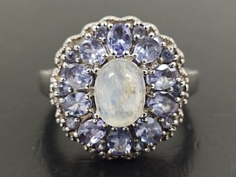 STUNNING STERLING SILVER TANZANITE & MOONSTONE RING