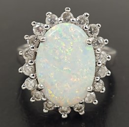 BEAUTIFUL STERLING SILVER OPAL & CZ HALO RING