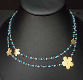 HIGH END DESIGNER GOLD GILT STERLING SILVER TURQUOISE BEADS FLOWER NECKLACE