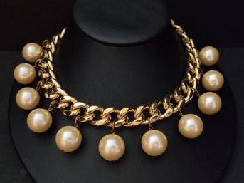 VINTAGE DESIGNER CAROLEE GOLD TONE LINK PEARL FESTOON NECKLACE