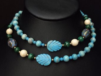 STUNNING VINTAGE CHINESE TURQUOISE MALACHITE & CLOISONNE BEADED NECKLACE