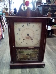 Antique Clock With Reverse Painting Feature & Brass Finials On Wood Cabinet    212/CVBK-B