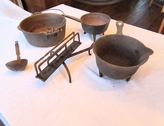 Antique Wrought Iron Cooking Pots And Implements For Open Fire