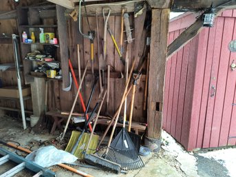 Large Garage Item Lot With Ladder, Bench, And Tree Pruner