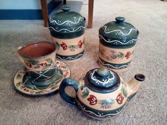 Avignon & Chaumier Hand Painted 8 Piece Kitchen Pottery Designed By Nanette Vacher