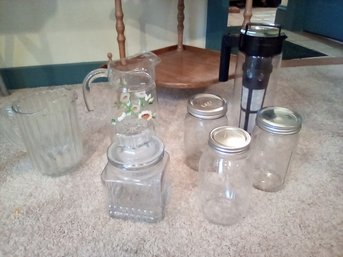 Kitchen 8 Item Lot - Hand Painted Glass Pitcher, Ball Jars, Apothecary Jar, Water Infuser & Vtg. Pitcher