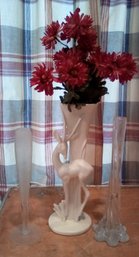 Three Slender Vtg. Vases - 1 White Ceramic Gazelle Vase By Hull, 1 Clear Toscany & 1 Frosted/Etched Bud Vase