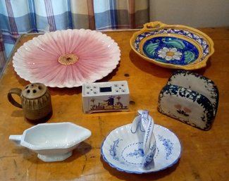 7 Pieces Bombay Co. Inc. Flower Platter, Italian Bowl, Delft Holder, Portugese Basket, Rosenthal Gravy Pitcher