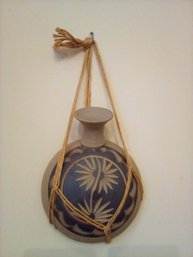 Etched Pottery Wall Vessel With Macrame Jute Hanger
