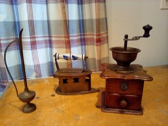 Trio Of Charming Vintage Finds - Coffee Grinder, Slim Brass Pitcher & Brass Iron  Ceramic Handpainted Handled