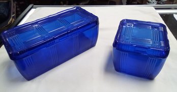 Two Vintage Hazel Atlas Refrigerator Leftover Dishes With Lids In Beautiful Cobalt Blue MB/E3