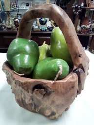 Unique Vintage Hand Carved Wood Basket With 4 Pear Candles     LS/C4
