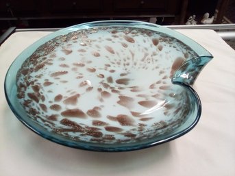 Vintage Blown Glass Serving Plate With Crazing In Blue Color With Shimmering Gold Colored  Accents RS/E2