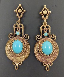 STUNNING VINTAGE VICTORIAN REVIVAL 14K GOLD PERSIAN TURQUOISE EARRINGS