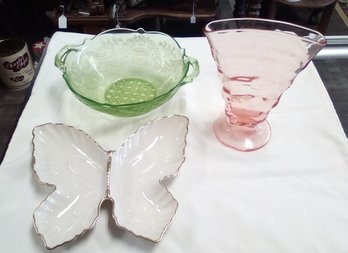 Pink Depression Glass Fan Vase, Uranium Glow Green Depression Glass Bowl & Lenox Dish MB / CWW - D3