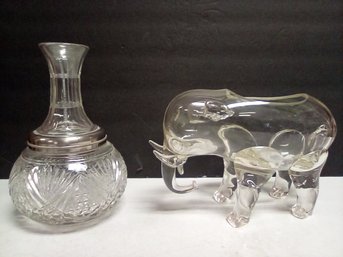 Vintage Glass Decanter & Vintage Clear Glass Elephant Planter/candy Dish/other Uses SWD4