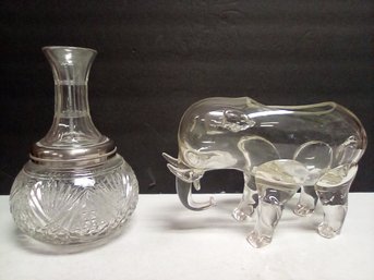 Vintage Glass Decanter & Vintage Clear Glass Elephant Planter/candy Dish/other Uses 212D4