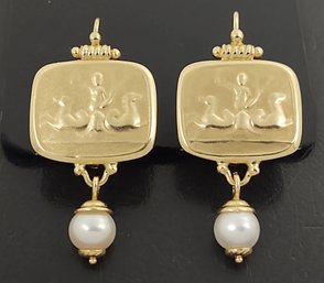 AMAZING ITALIAN TAGLIAMONTE STYLE 14K GOLD PEARL GREEK REVIVAL POSEIDON EARRINGS