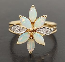 STUNNING 14K GOLD OPAL & DIAMOND FLOWER RING