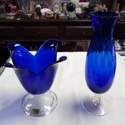 Two Fantastic Cobalt Blue & Clear Glass Footed Vases  - One From Studio Nova, Hand Made In Portugal AI/JohB/A3