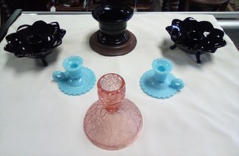 Vtg Candleholders - Pink Glass, Pr. Black Ceramic 3 Footed, 2 Tiffany Blue Glass, Black Ceramic On Wood SW/A3