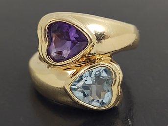 BEAUTIFUL 14K GOLD AMETHYST & BLUE TOPAZ DOUBLE HEART RING