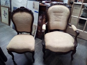 2 Antique Upholstered Chairs With Carved Features - One Arm Chair & 1 Side Chair  212/cvbkBR/CVBKB