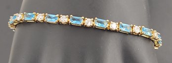 BEAUTIFUL GOLD OVER STERLING SILVER BLUE & WHITE CZ TENNIS BRACELET