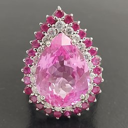 STUNNING LARGE STERLING SILVER PINK SAPPHIRE RUBY & CZ RING