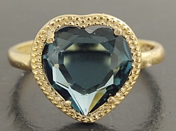 BEAUTIFUL GOLD OVER STERLING SILVER BLUE GLASS HEART RING