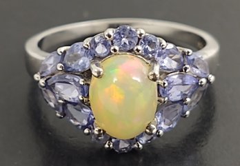 STUNNING STERLING SILVER TANZANITE & OPAL RING