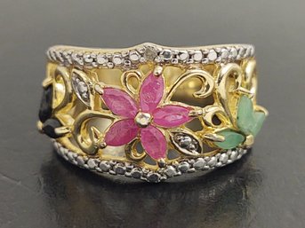 BEAUTIFUL GOLD OVER STERLING SILVER RUBY EMERALD & SAPPHIRE FLOWER RING