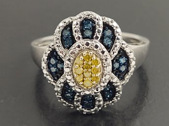 AMAZING STERLING SILVER BLUE & YELLOW DIAMOND FLOWER RING