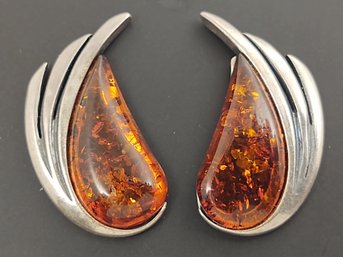 VINTAGE STERLING SILVER AMBER EARRINGS