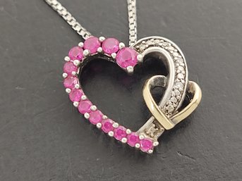 VINTAGE STERLING SILVER 10K GOLD PINK SAPPHIRE & DIAMOND HEART NECKLACE