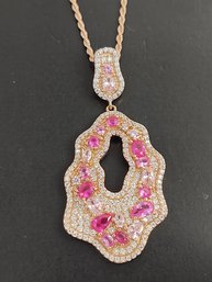 BEAUTIFUL ROSE GOLD OVER STERLING SILVER PINK SAPPHIRE & CZ ABSTRACT NECKLACE