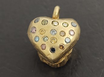 CUTE GOLD OVER STERLING SILVER MULTI COLORED PAVE DIAMOND HEART MUFFIN PENDANT