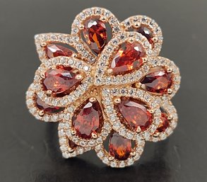 STUNNING ROSE GOLD OVER STERLING SILVER GARNET & CZ FLOWER RING