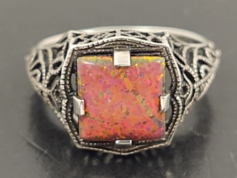 ART DECO STYLE STERLING SILVER FILIGREE SYNTHETIC OPAL RING