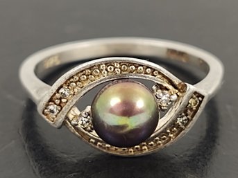 VINTAGE STERLING SILVER TAHETIAN PEARL CZ RING