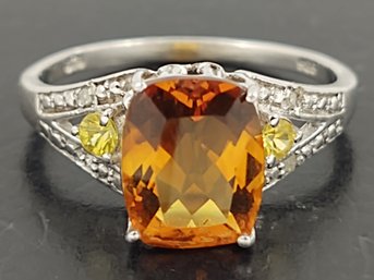 STUNNING STERLING SILVER CITRINE, YELLOW TOPAZ, & DIAMOND RING