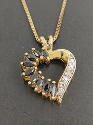 VINTAGE GOLD OVER STERLING SILVER BLUE SAPPHIRE & DIAMOND HEART NECKLACE